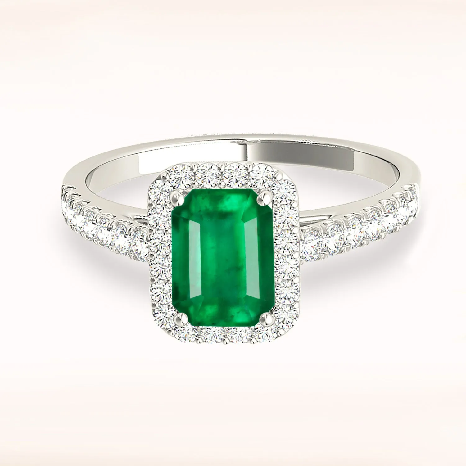 1.00 ct. Genuine Emerald Ring With Halo and Diamond Delicate Shank
