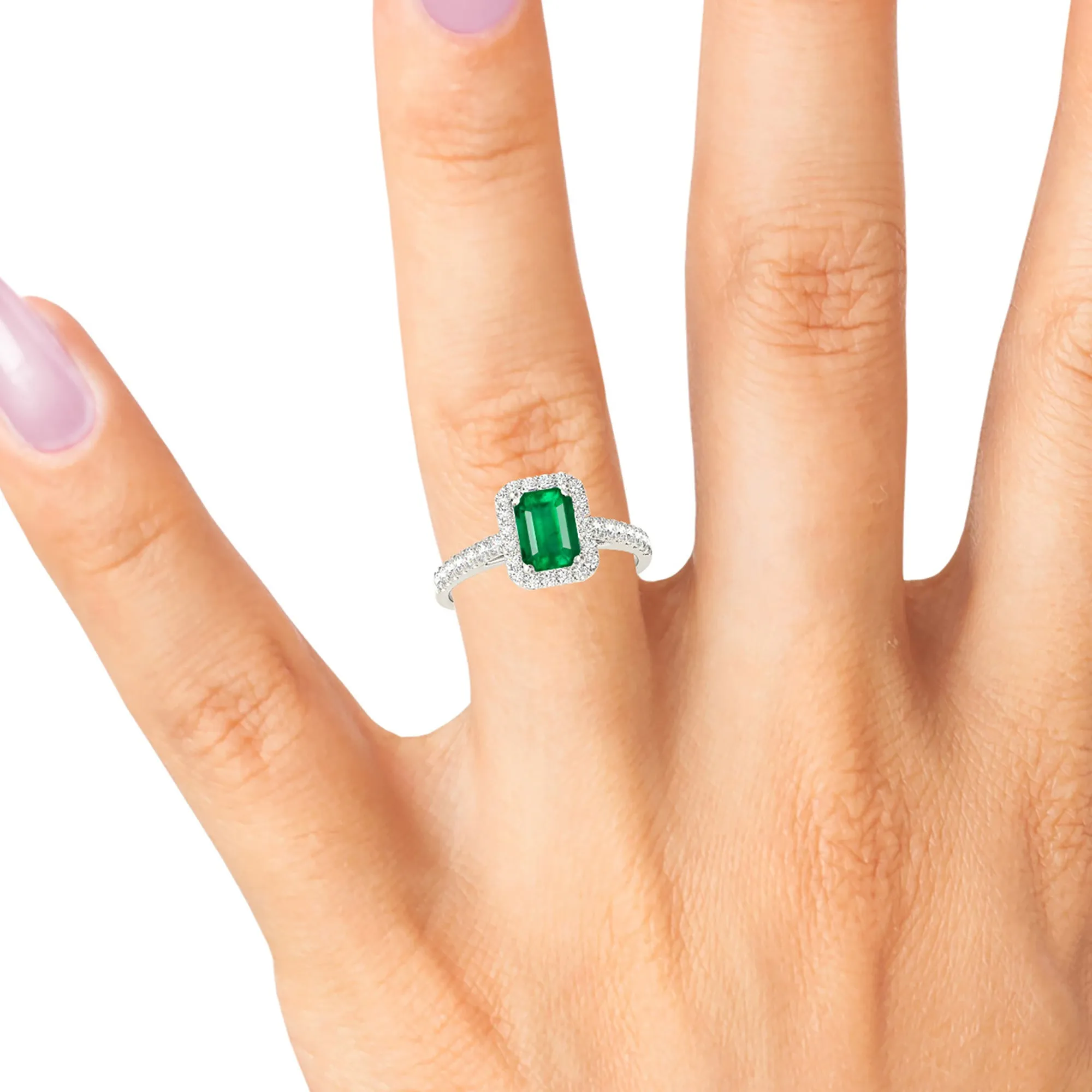 1.00 ct. Genuine Emerald Ring With Halo and Diamond Delicate Shank