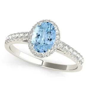1.30 ct. Genuine Oval Aquamarine Ring With Halo and Delicate Dainty Diamond Band