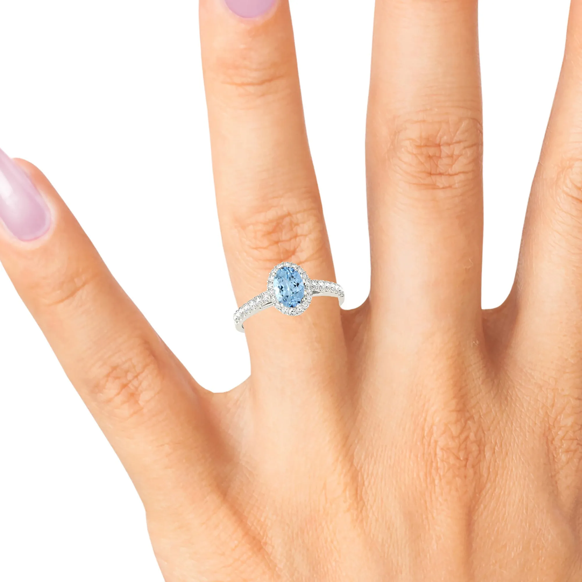 1.30 ct. Genuine Oval Aquamarine Ring With Halo and Delicate Dainty Diamond Band