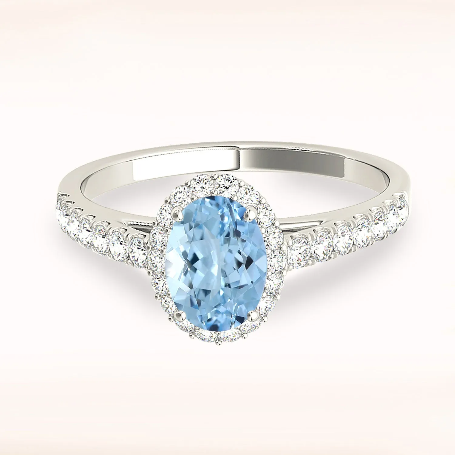 1.30 ct. Genuine Oval Aquamarine Ring With Halo and Delicate Dainty Diamond Band