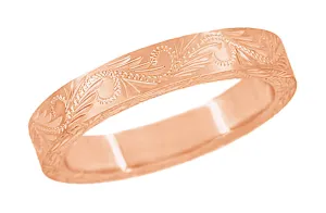 14 Karat Rose Gold 5mm Wide Western Hand Engraved Scrolls & Leaves Vintage Style Wedding Ring