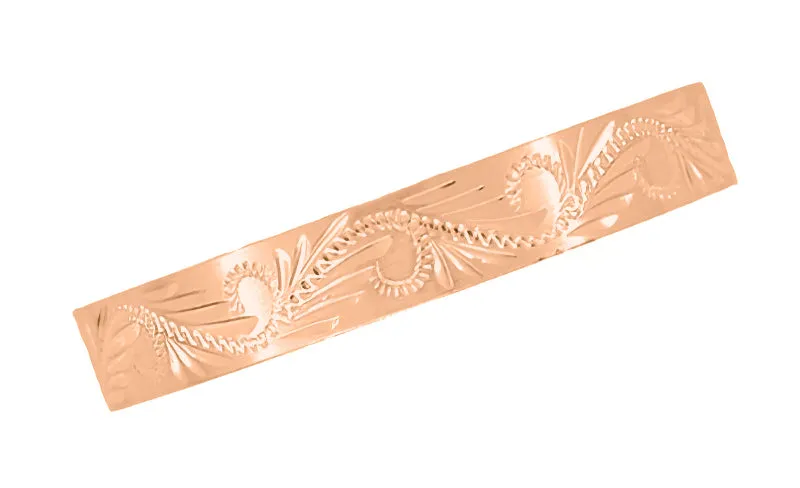 14 Karat Rose Gold 5mm Wide Western Hand Engraved Scrolls & Leaves Vintage Style Wedding Ring