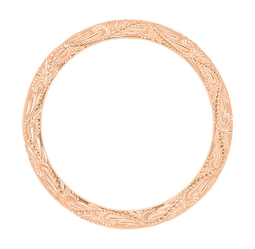 14 Karat Rose Gold 5mm Wide Western Hand Engraved Scrolls & Leaves Vintage Style Wedding Ring