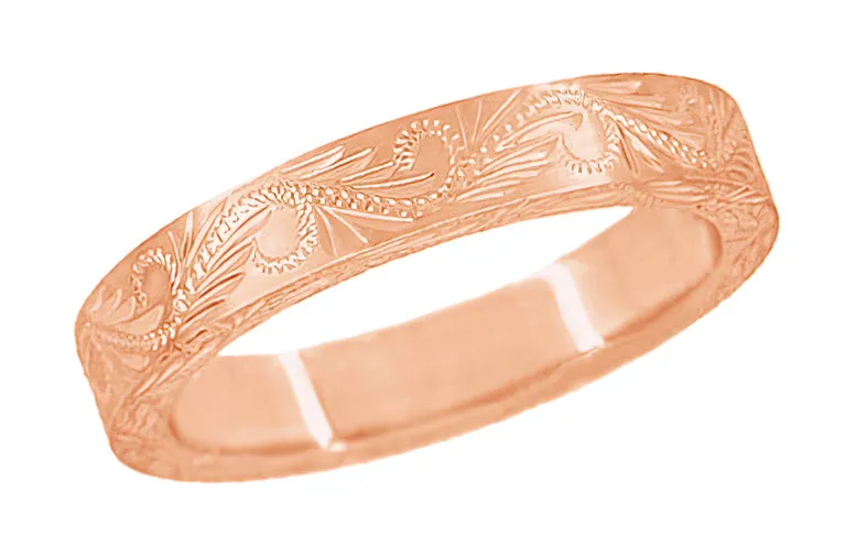 14 Karat Rose Gold 5mm Wide Western Hand Engraved Scrolls & Leaves Vintage Style Wedding Ring