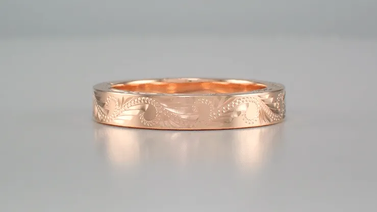 14 Karat Rose Gold 5mm Wide Western Hand Engraved Scrolls & Leaves Vintage Style Wedding Ring