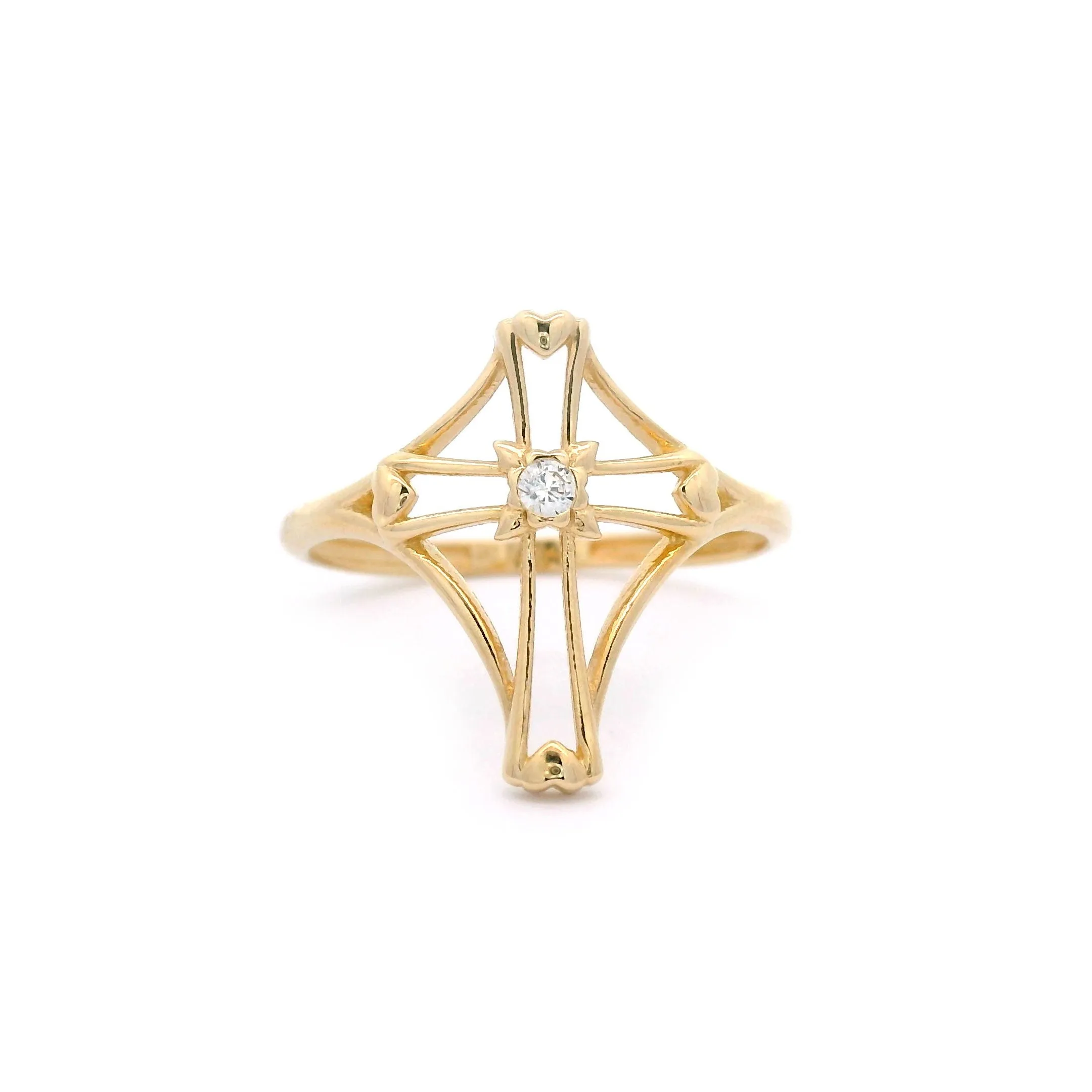 14k CZ Cross Outline & Heart Ring