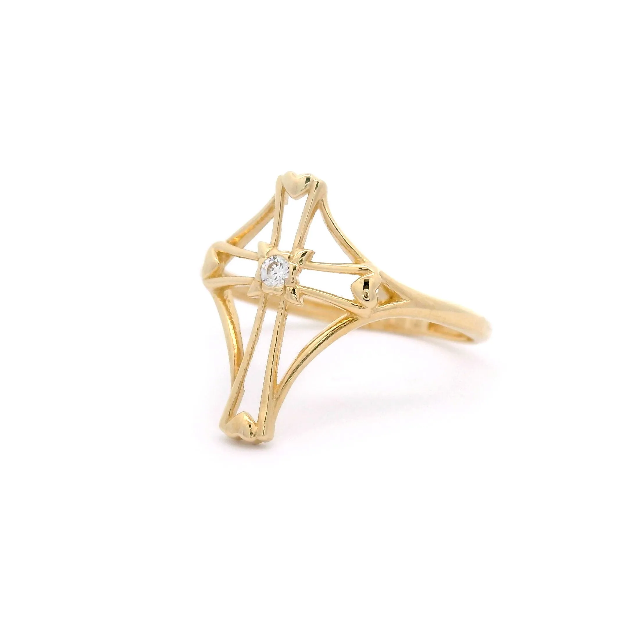 14k CZ Cross Outline & Heart Ring