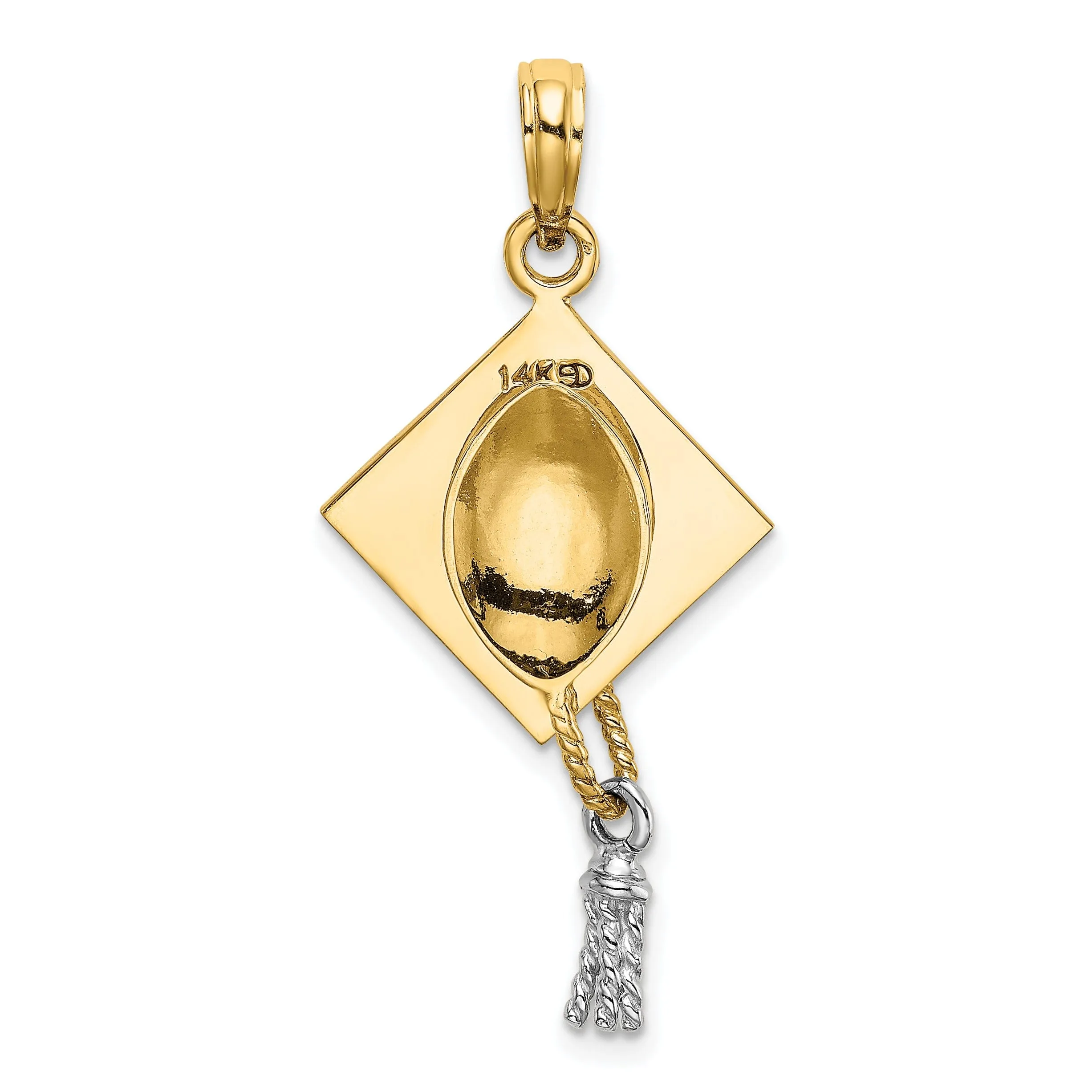 14k Two-tone Gold Polished Finish with White Rhodium 3-Dimensional Graduation Cap Moveable Tassle Charm Pendant