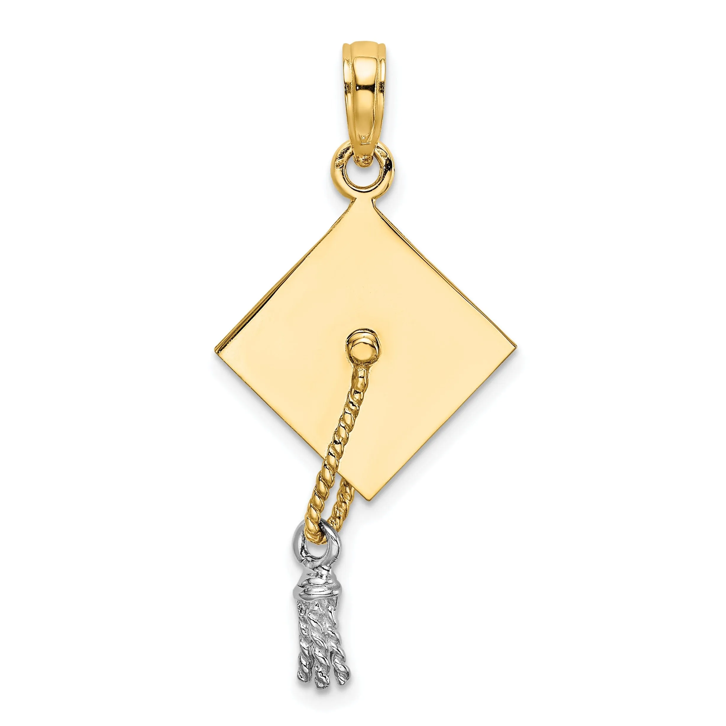 14k Two-tone Gold Polished Finish with White Rhodium 3-Dimensional Graduation Cap Moveable Tassle Charm Pendant