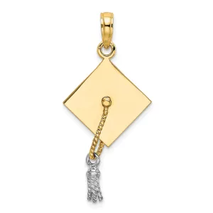 14k Two-tone Gold Polished Finish with White Rhodium 3-Dimensional Graduation Cap Moveable Tassle Charm Pendant