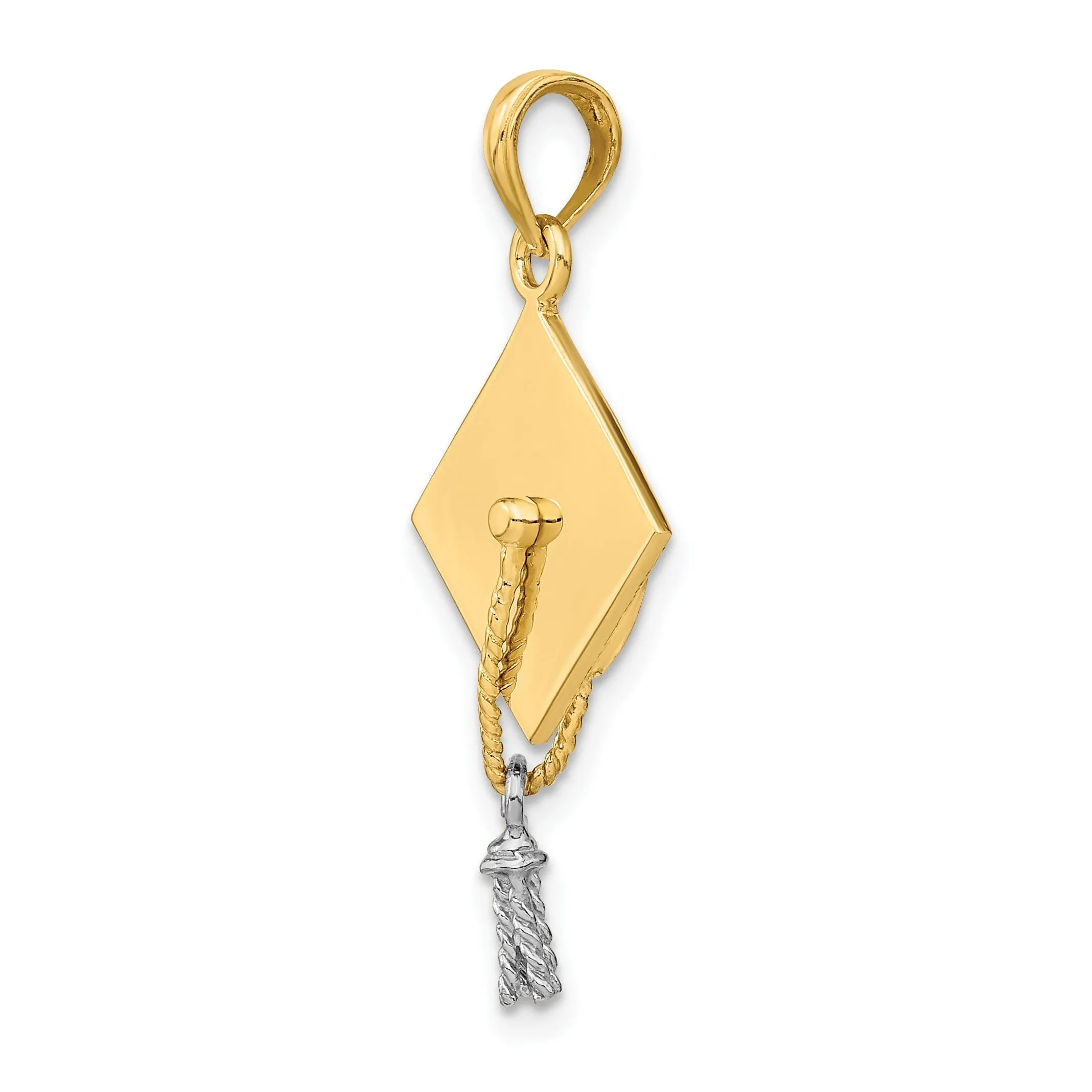 14k Two-tone Gold Polished Finish with White Rhodium 3-Dimensional Graduation Cap Moveable Tassle Charm Pendant