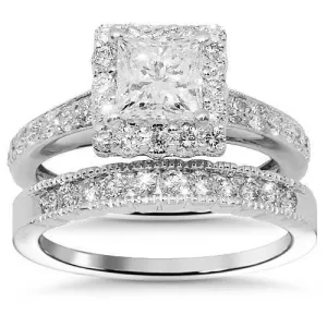 14k White Gold Princess Diamond Bridal Ring Set Clarity Enhanced 1.68 Ctw