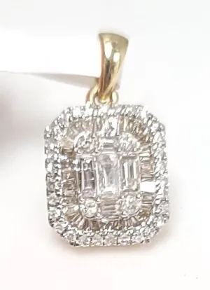 14k Yellow Gold .50ct Diamond Emerald Shape Baguette & Round Pendant