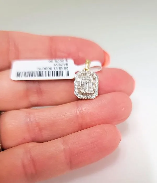14k Yellow Gold .50ct Diamond Emerald Shape Baguette & Round Pendant