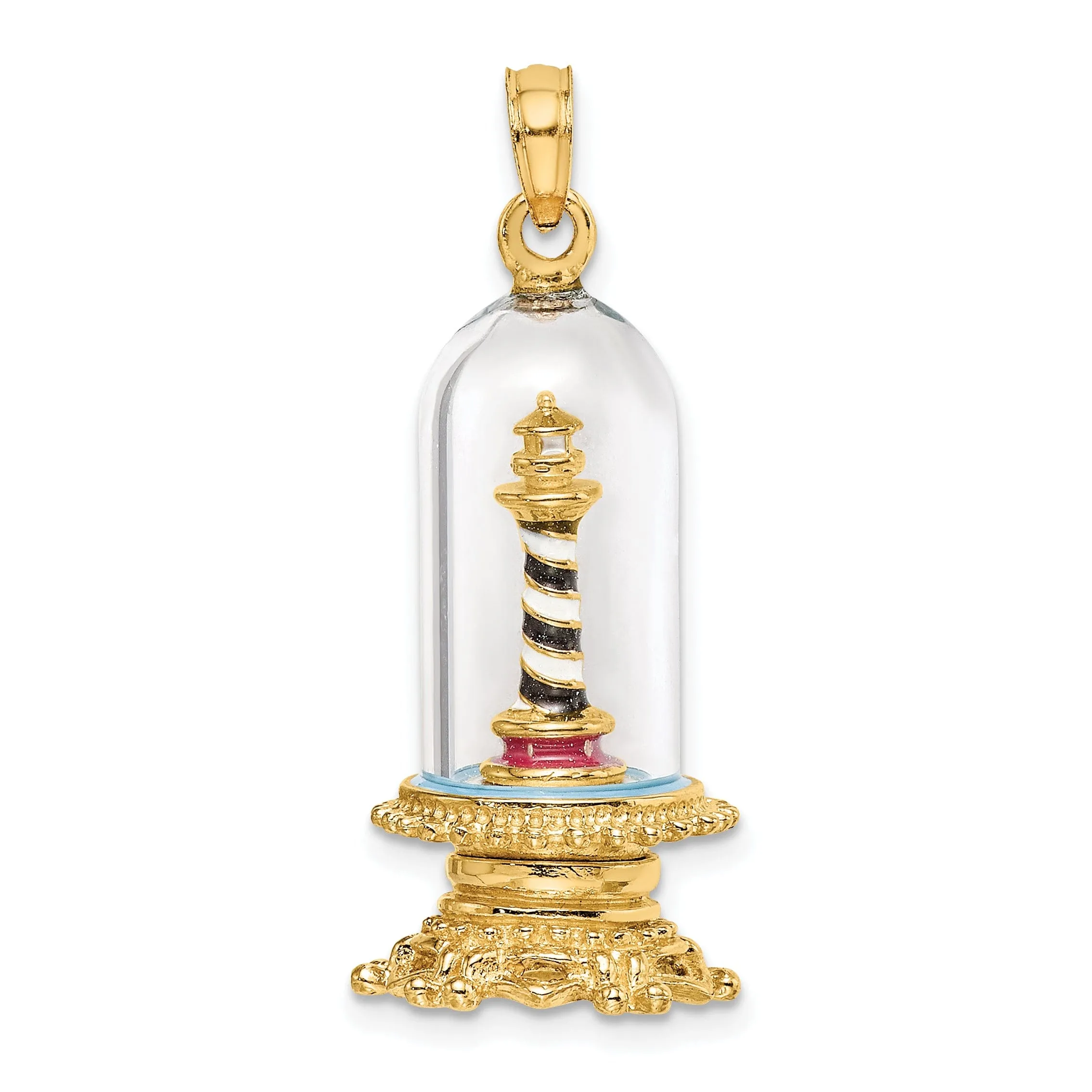 14K Yellow Gold Polished Enamel Finish 3-D Lighthouse In Glass Dome Charm