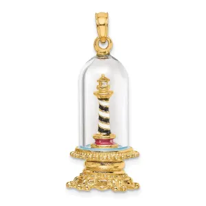 14K Yellow Gold Polished Enamel Finish 3-D Lighthouse In Glass Dome Charm