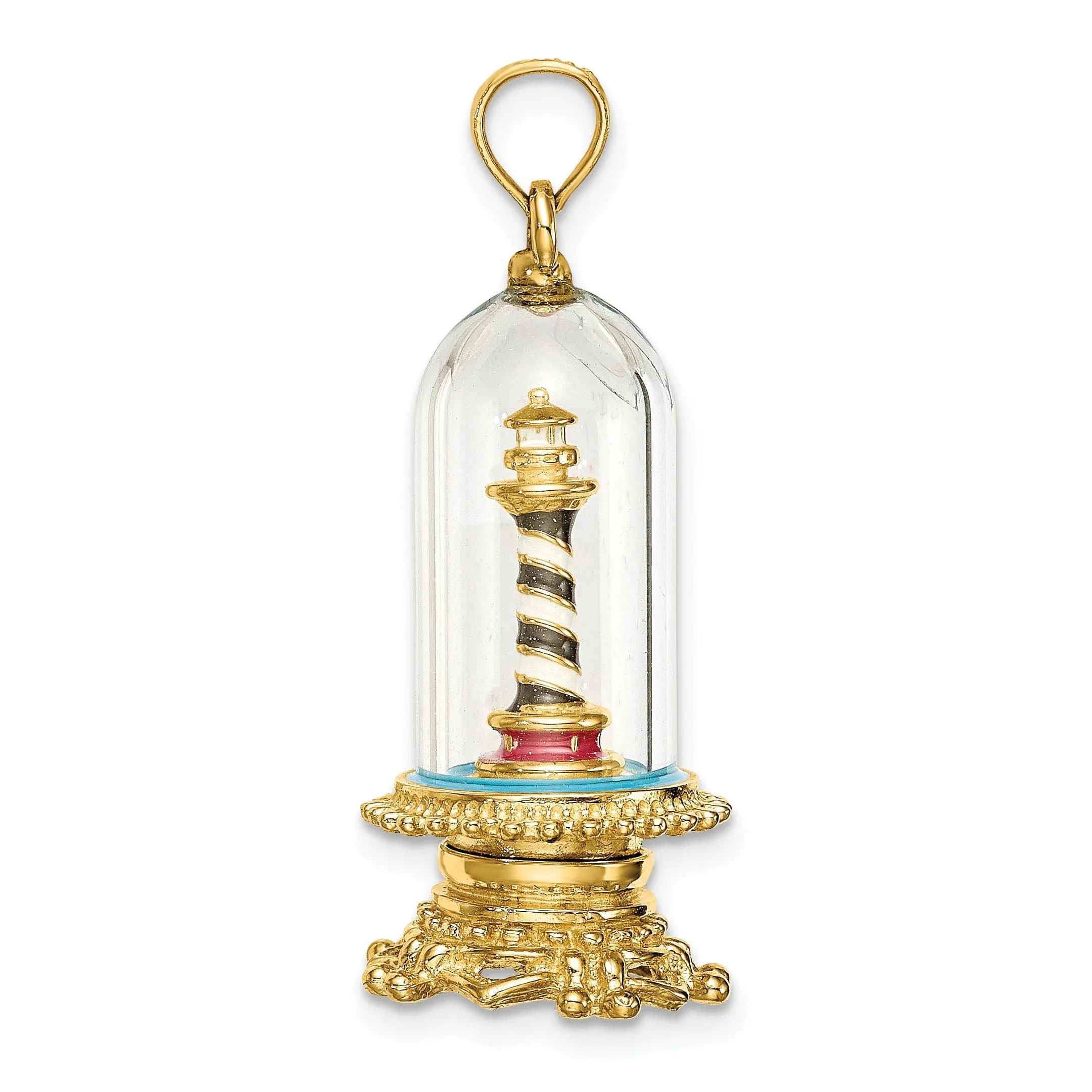 14K Yellow Gold Polished Enamel Finish 3-D Lighthouse In Glass Dome Charm