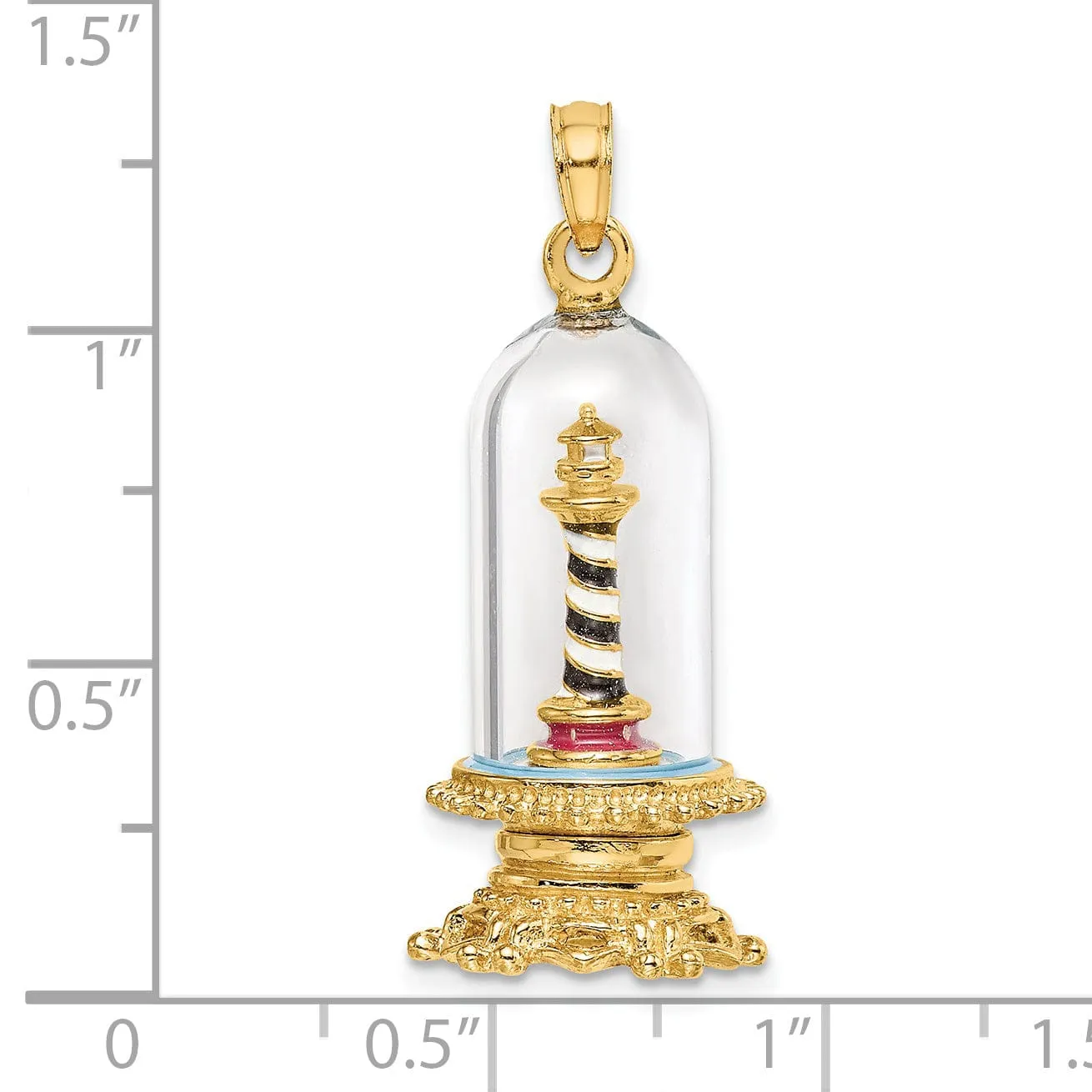 14K Yellow Gold Polished Enamel Finish 3-D Lighthouse In Glass Dome Charm