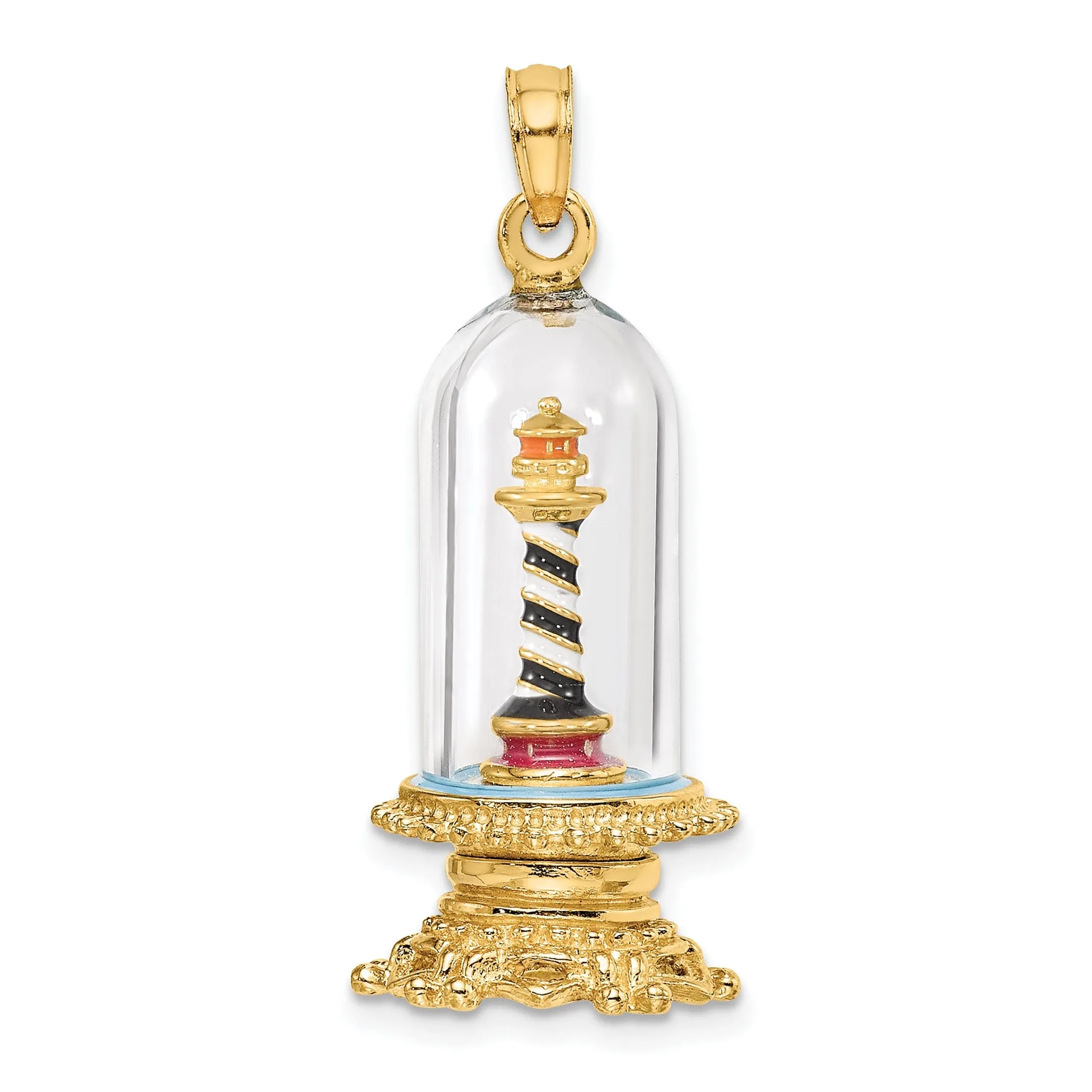 14K Yellow Gold Polished Enamel Finish 3-D Lighthouse In Glass Dome Charm
