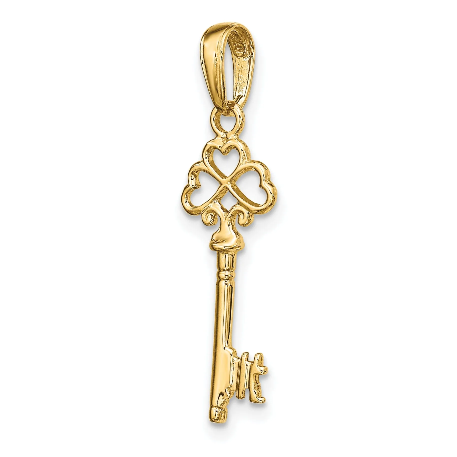 14K Yellow Gold Polished Finish 3-D Hearts Design Key Pendant