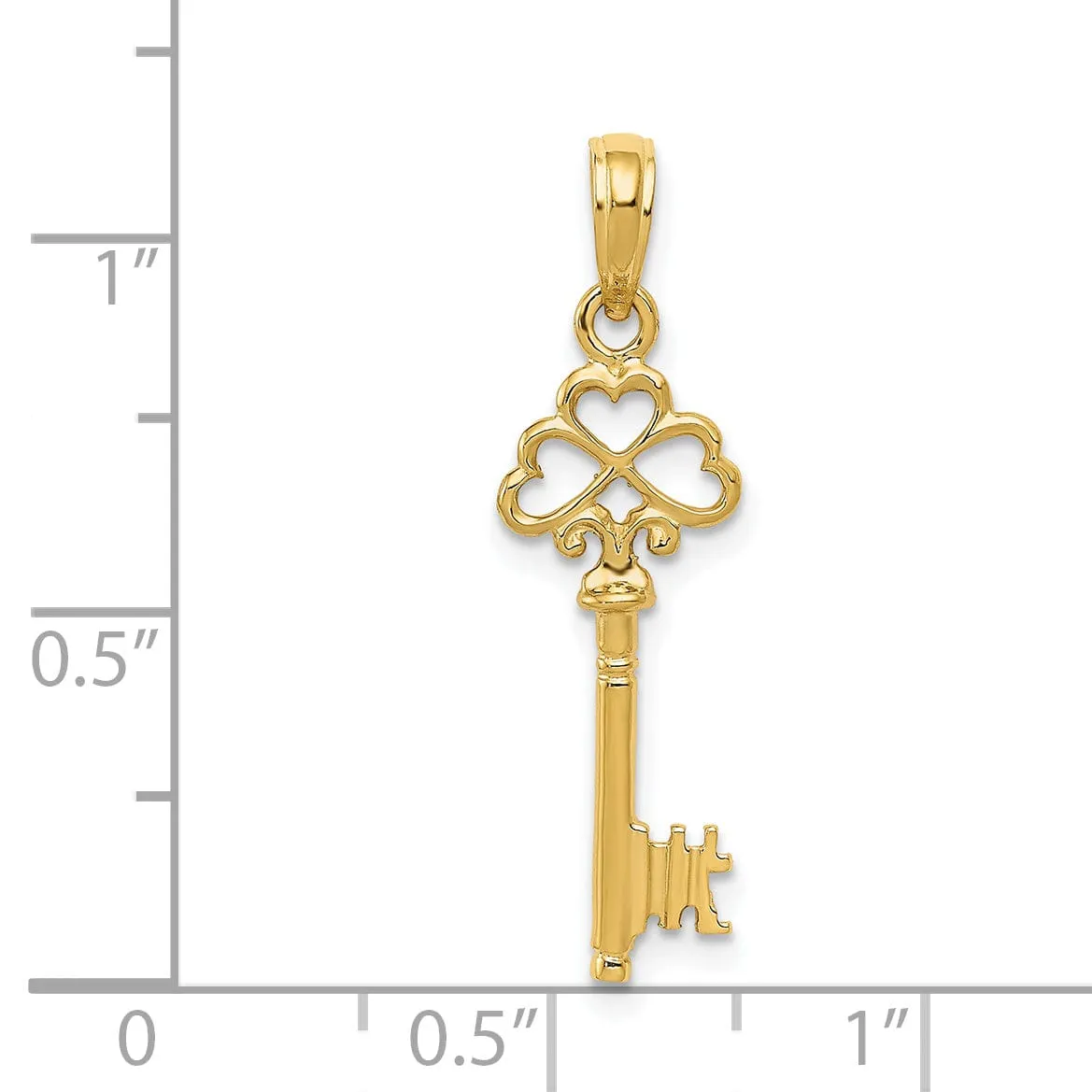 14K Yellow Gold Polished Finish 3-D Hearts Design Key Pendant