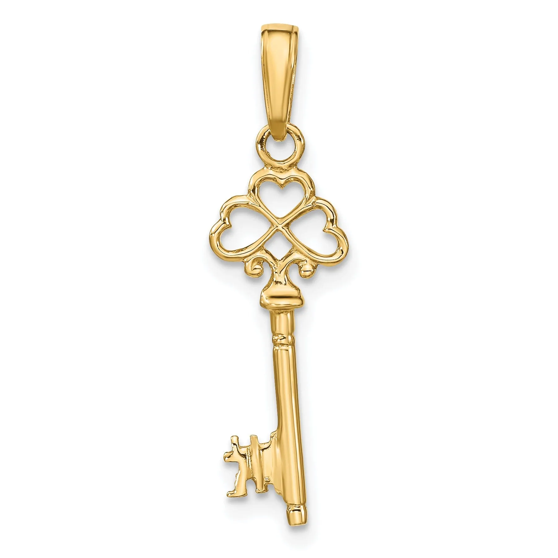 14K Yellow Gold Polished Finish 3-D Hearts Design Key Pendant