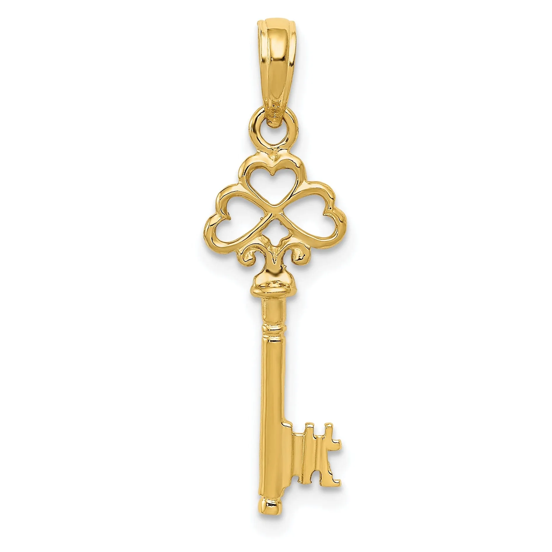 14K Yellow Gold Polished Finish 3-D Hearts Design Key Pendant