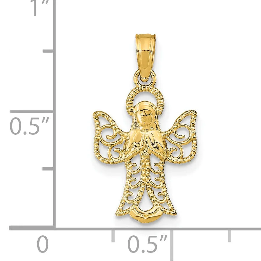 14k Yellow Gold Polished Texture Finish Filigree Praying Angel Pendant