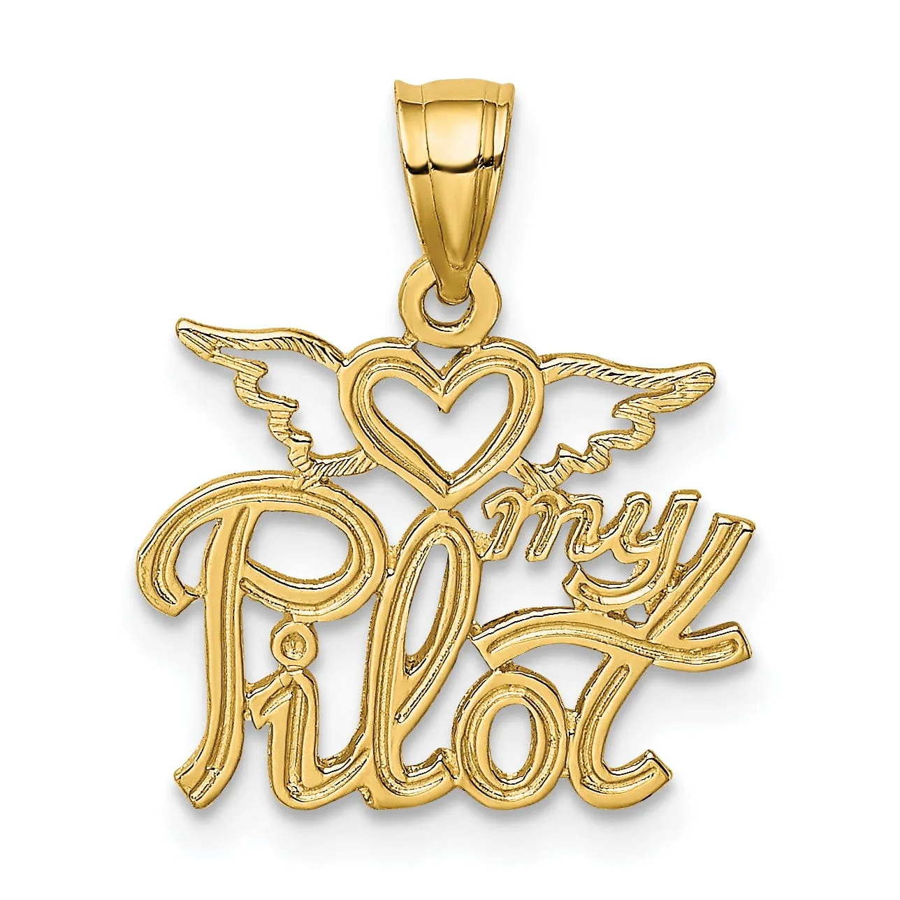 14K Yellow Gold Polished Textured Finish HEART MY PILOT Charm Pendant