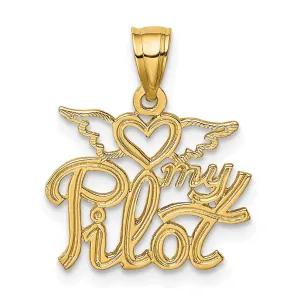 14K Yellow Gold Polished Textured Finish HEART MY PILOT Charm Pendant