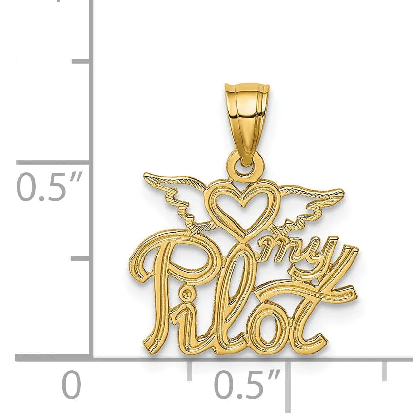 14K Yellow Gold Polished Textured Finish HEART MY PILOT Charm Pendant