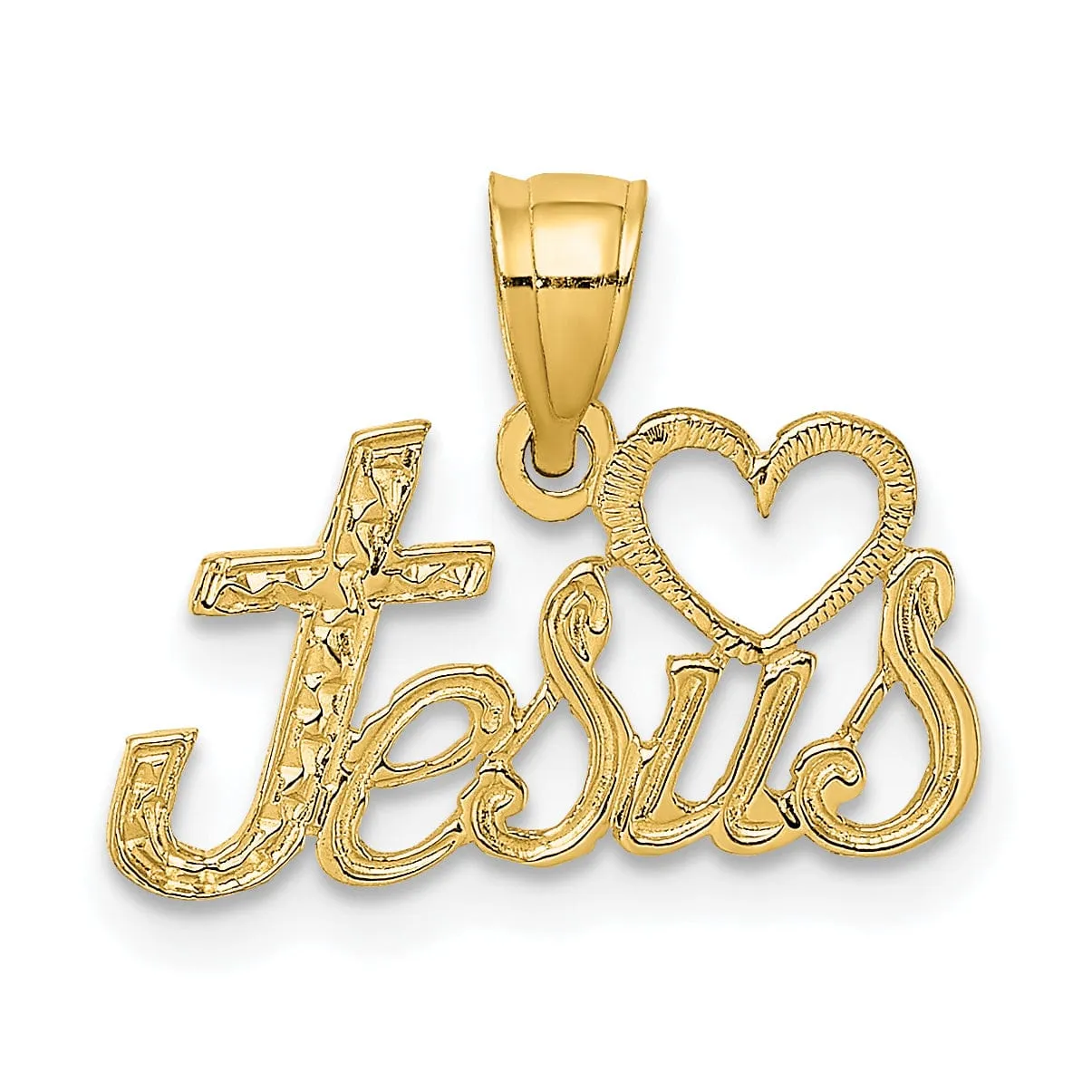 14K Yellow Gold Texture Polished LOVE JESUS Script with Heart Pendant