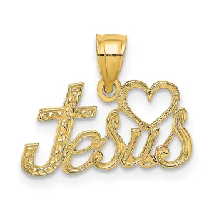 14K Yellow Gold Texture Polished LOVE JESUS Script with Heart Pendant