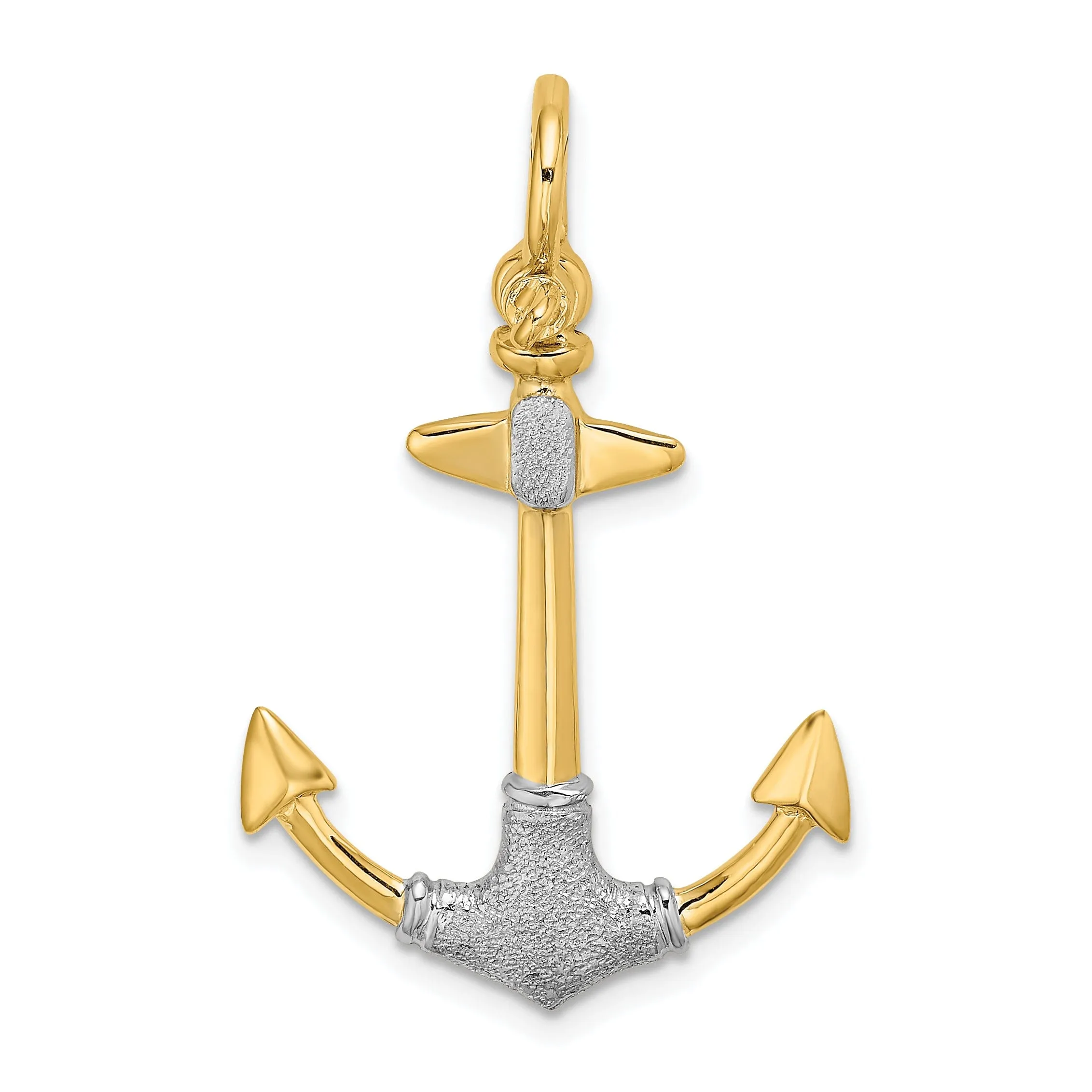 14K Yellow Gold White Rhodium Polished 3-D Textured Anchor Shackle Bail Charm