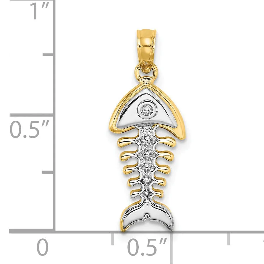 14K Yellow Gold White Rhodium Texture Polished 3-D Fishbone Charm
