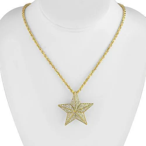 14K Yellow Solid Gold Mens Diamond Star Pendant 3.96 Ctw