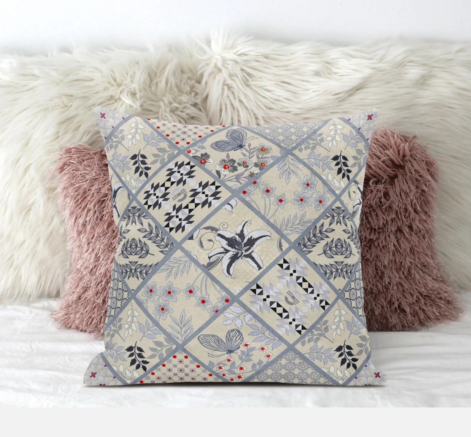 16” Cream Gray Patch Suede Zippered Throw Pillow