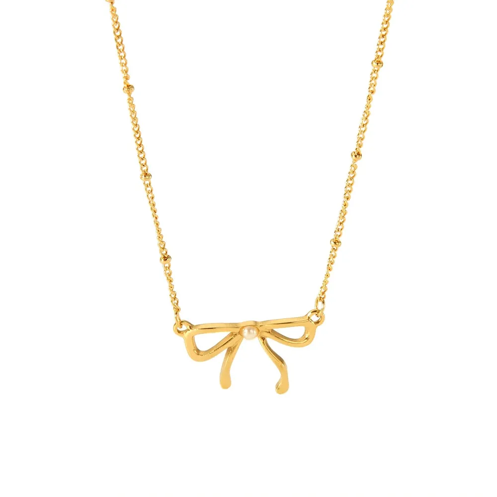 18k Feminine Bow Herringbone & Dainty Pearl Necklace