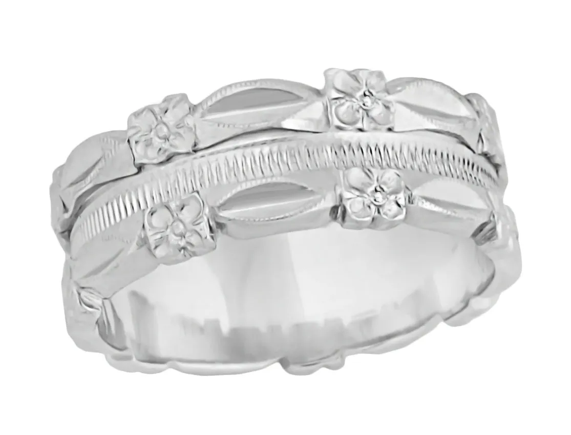1950's Antique Style Pansy Flowers 7mm Wide Sculptural Platinum Wedding Ring