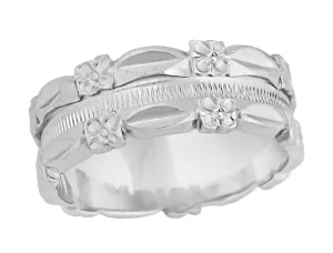 1950's Antique Style Pansy Flowers 7mm Wide Sculptural Platinum Wedding Ring