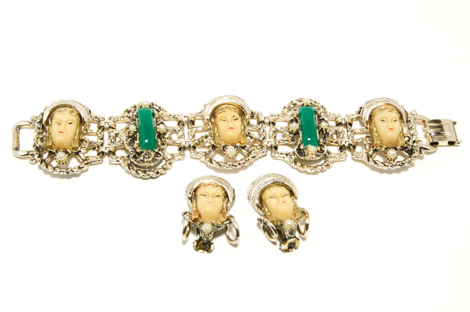 1950's Asian Princess Faces Bracelet and Earrings Set