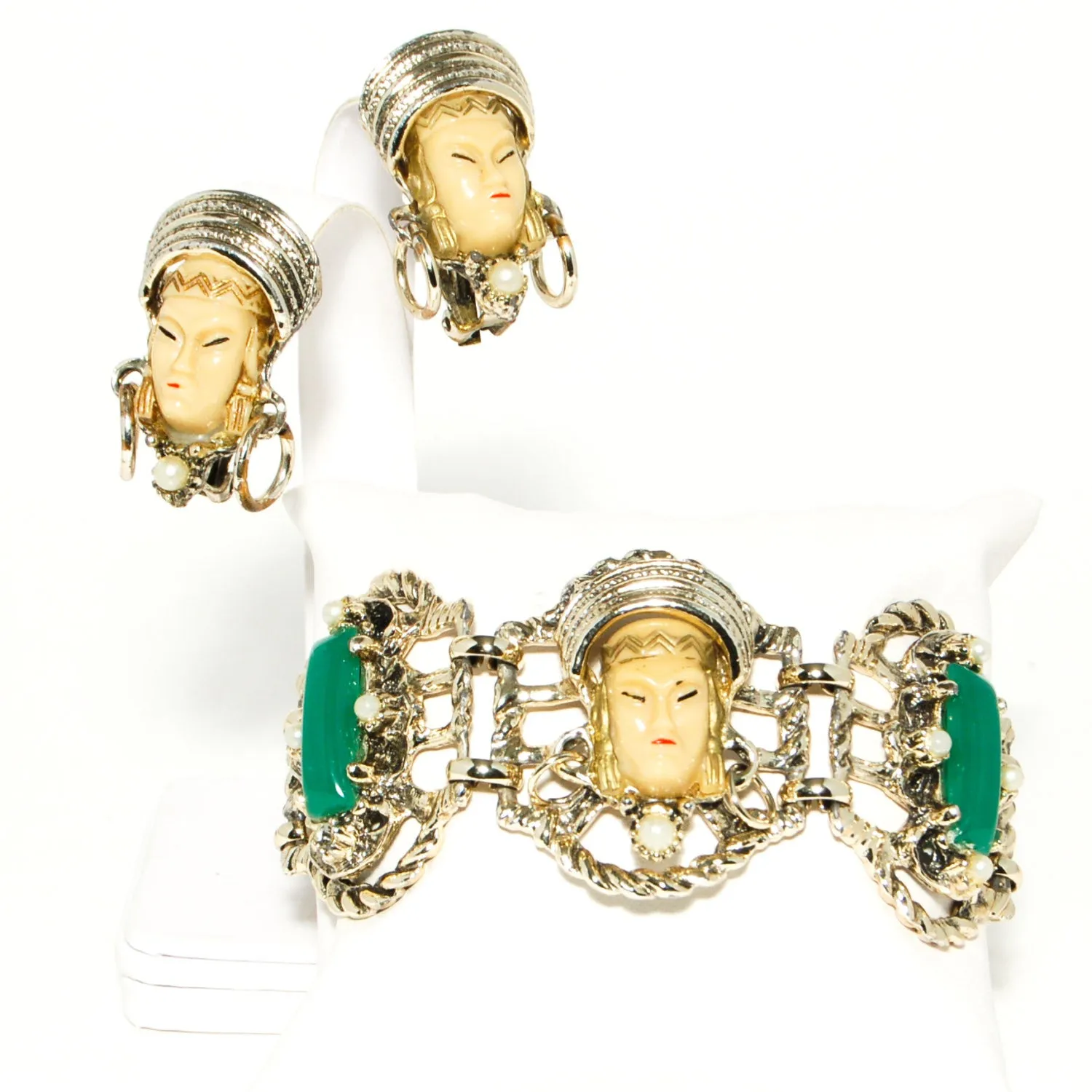 1950's Asian Princess Faces Bracelet and Earrings Set