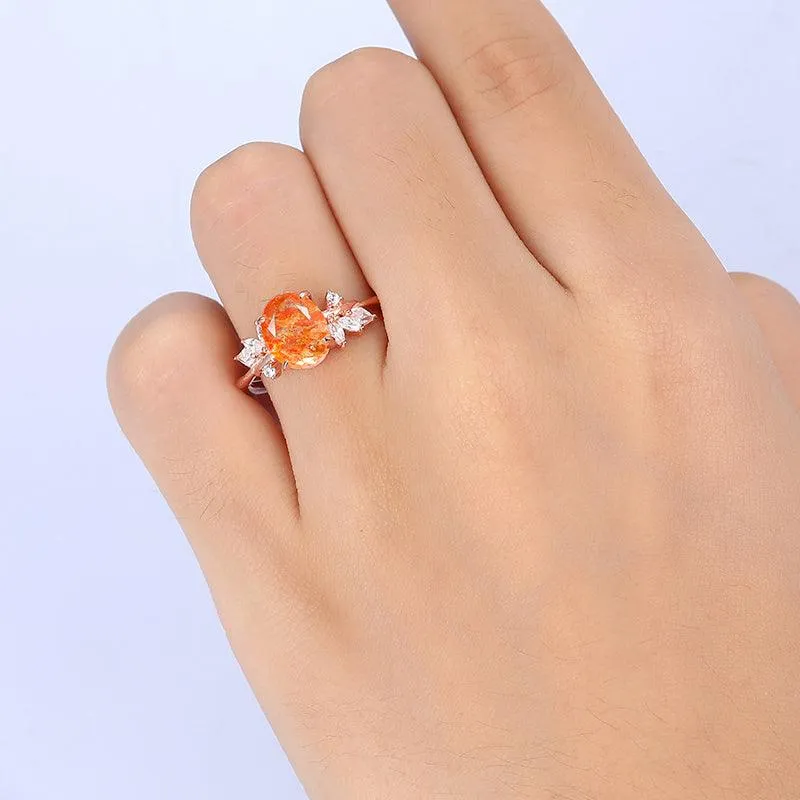 2 CT Oval Shape Cluster Natural Orange Sunstone Bridal Promise Ring