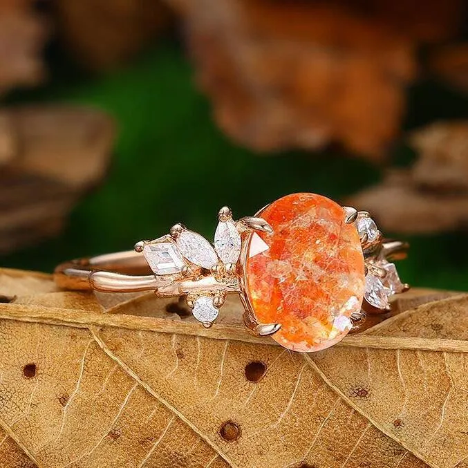 2 CT Oval Shape Cluster Natural Orange Sunstone Bridal Promise Ring