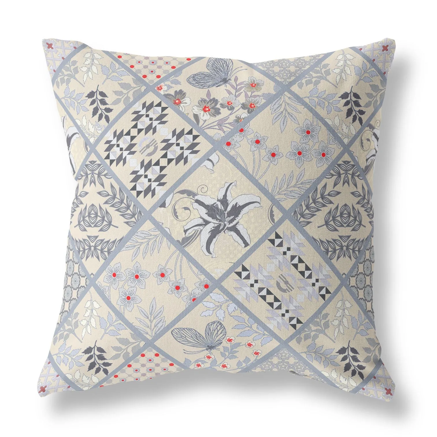 28” Cream Gray Patch Indoor Outdoor Throw Pillow