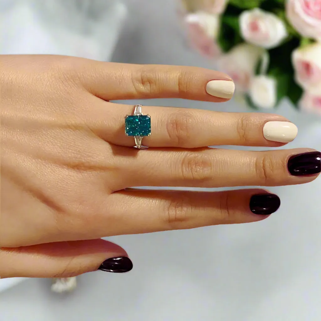 4.0ct Simulated Paraiba Tourmaline Radiant Cut Three-Stone Engagement Ring