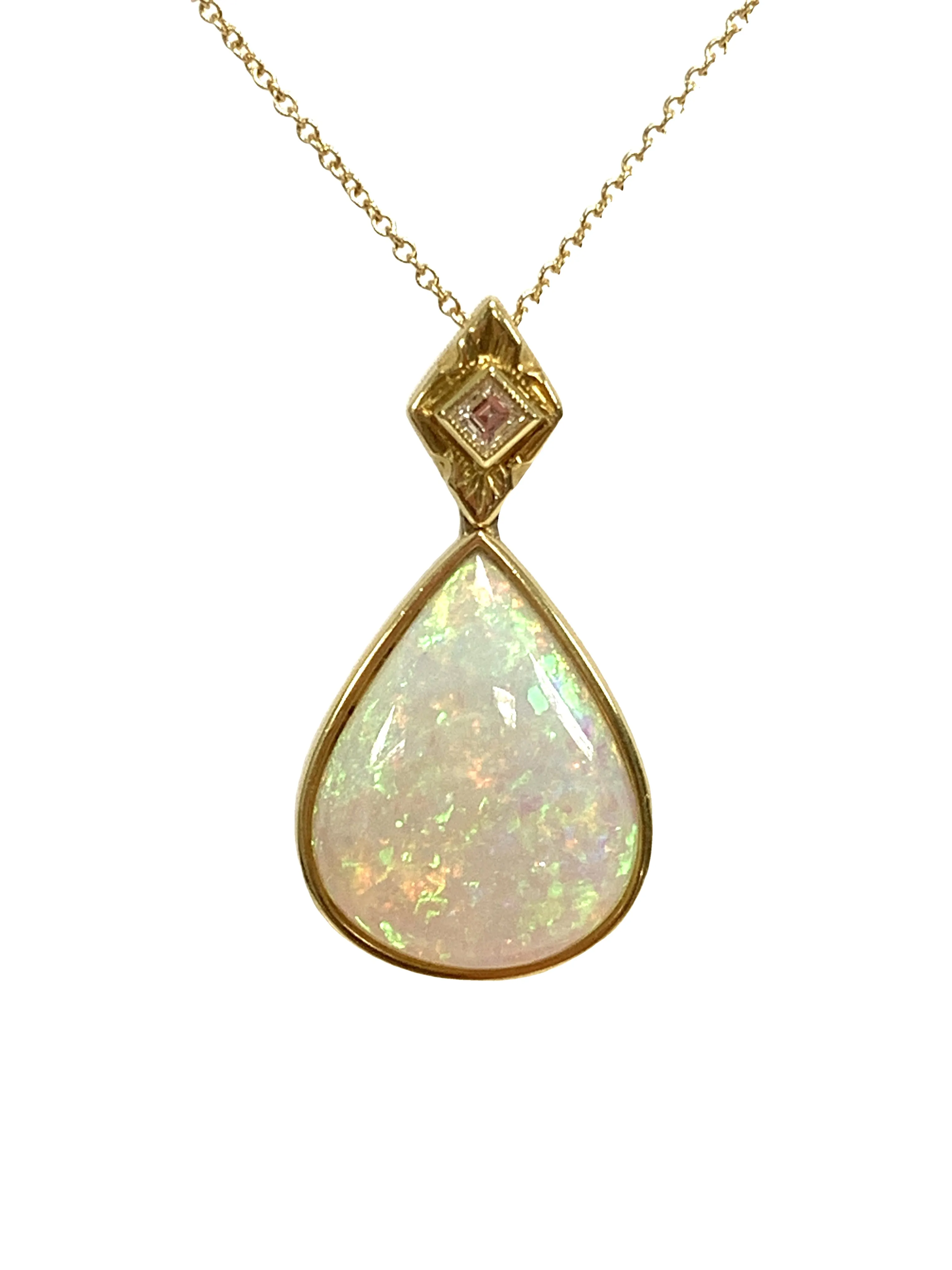 6.83 ct. Pear Shape Opal and Diamond Yellow Gold Bezel Set Drop Pendant