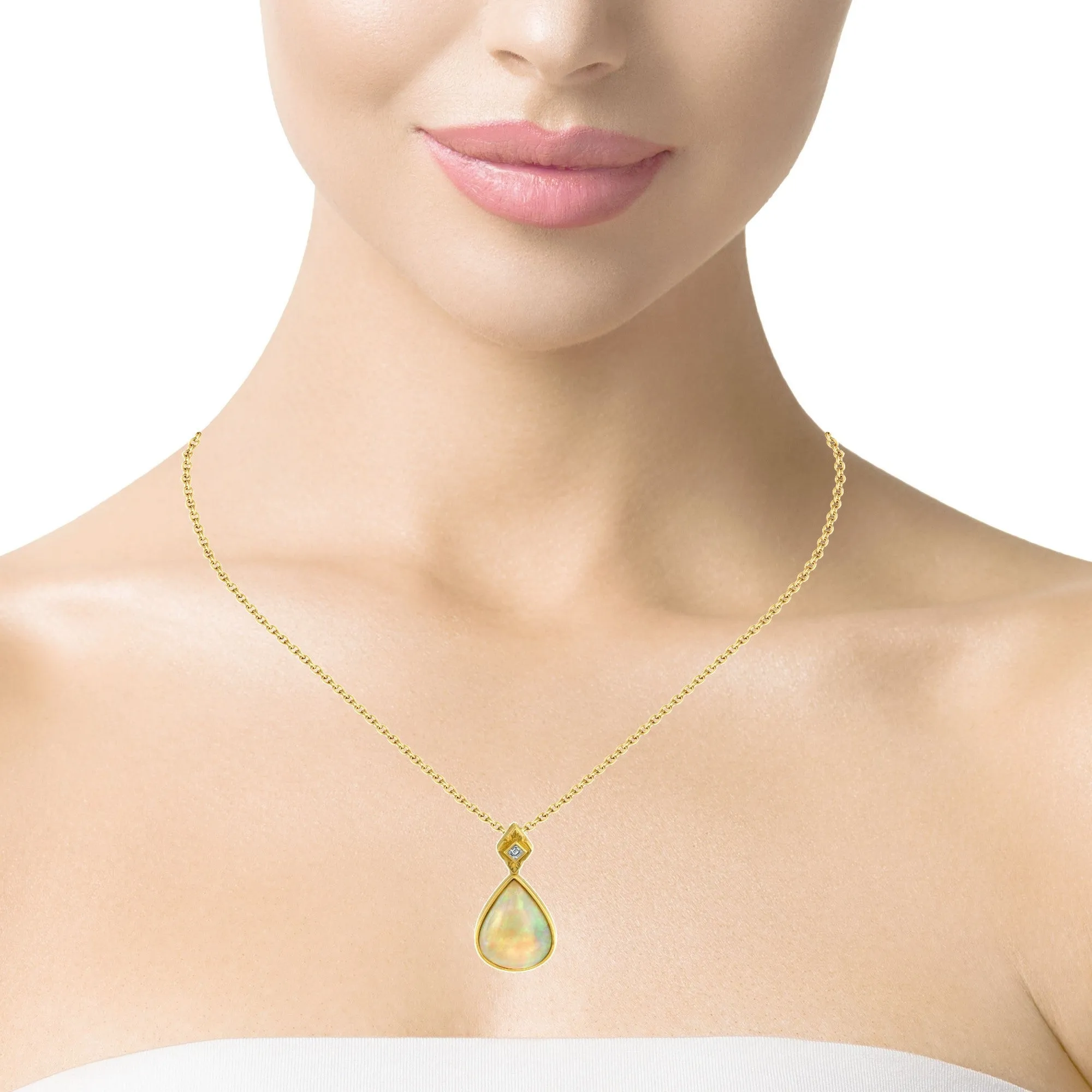 6.83 ct. Pear Shape Opal and Diamond Yellow Gold Bezel Set Drop Pendant