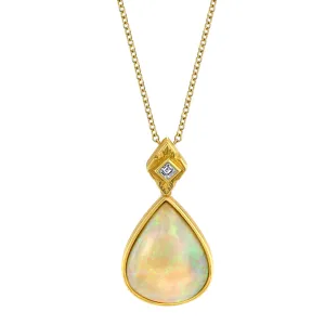 6.83 ct. Pear Shape Opal and Diamond Yellow Gold Bezel Set Drop Pendant